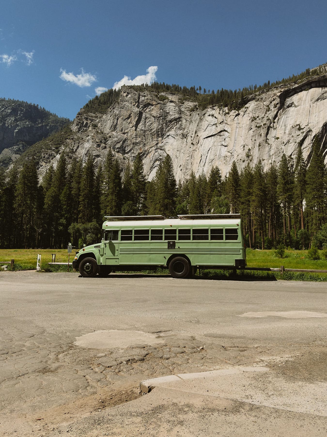 A bus parked in Yosemite valley